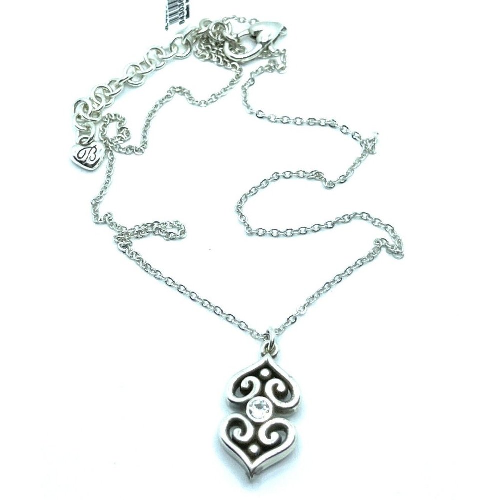 Brighton Alcazar Double Heart Pendant Crystals Toledo Silver Necklace 18" - Picture 1 of 7